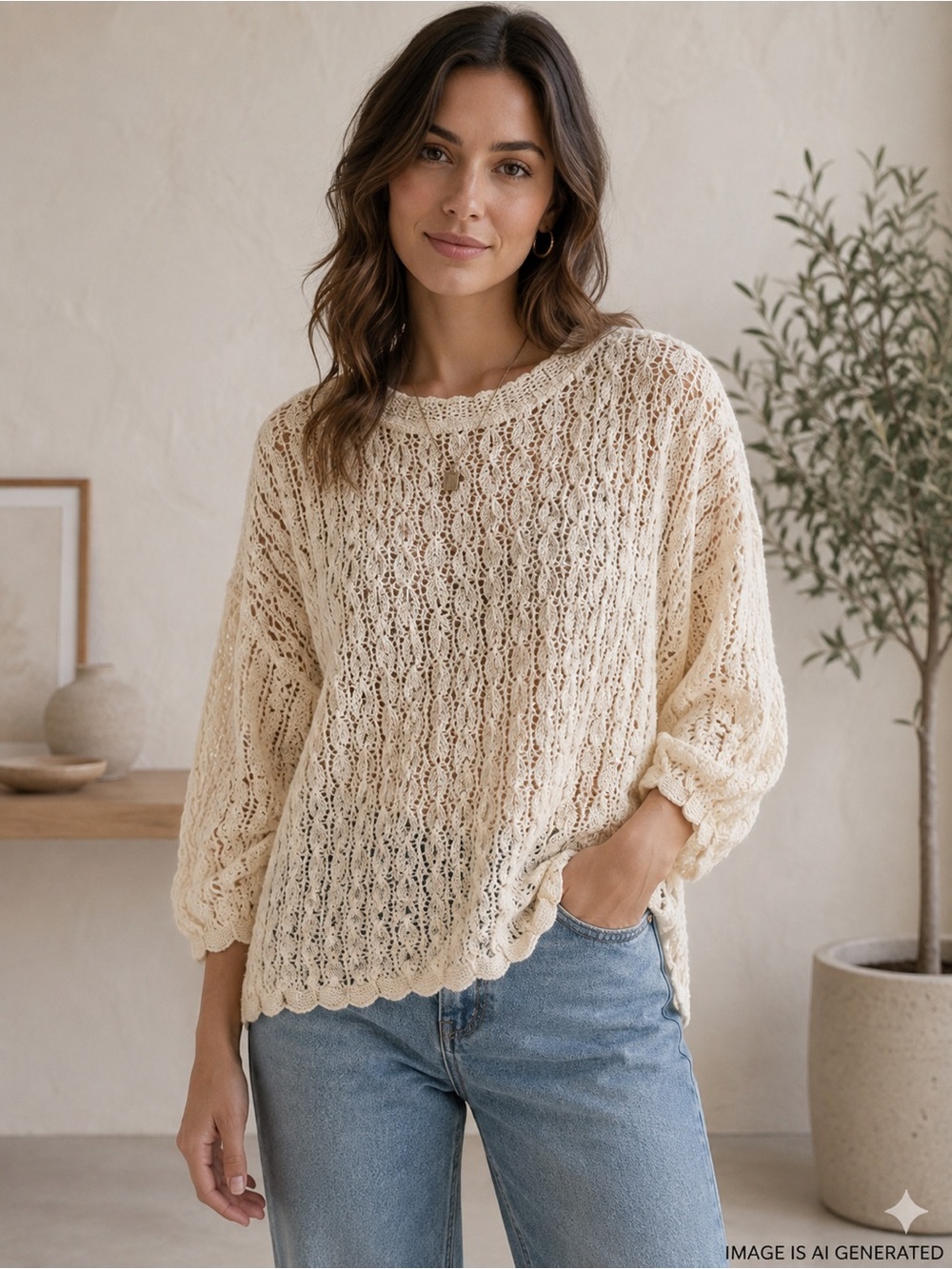 VTG USA Sweaters Coquette Fairy Cream Open Knit Crochet Pullover Scalloped Hem L